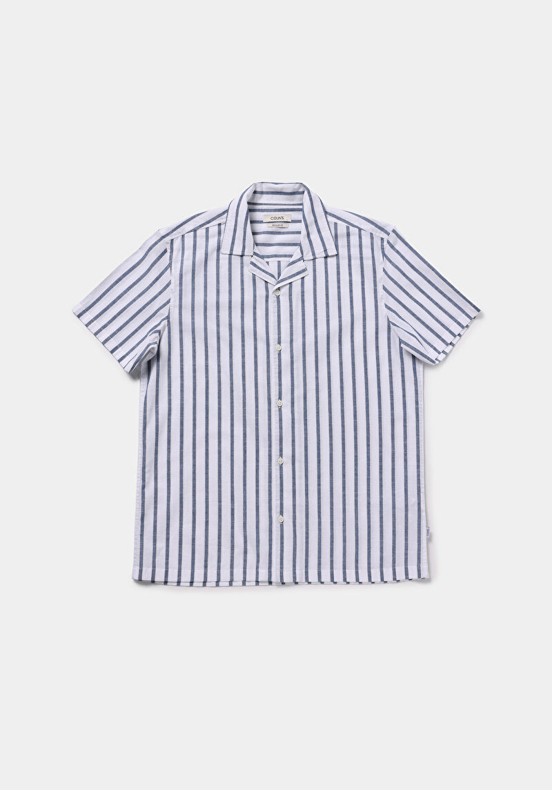 Regular Fit Shirt Neck Çizgili Erkek Mavi Kısa Kol Gömlek