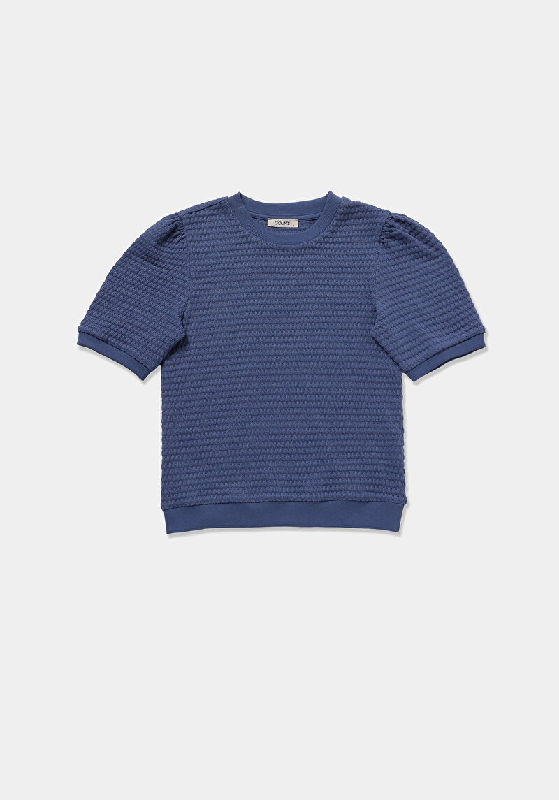 Slim Fit Yuvarlak Yaka Düz Kadın Mavi Kısa Kol Tişört