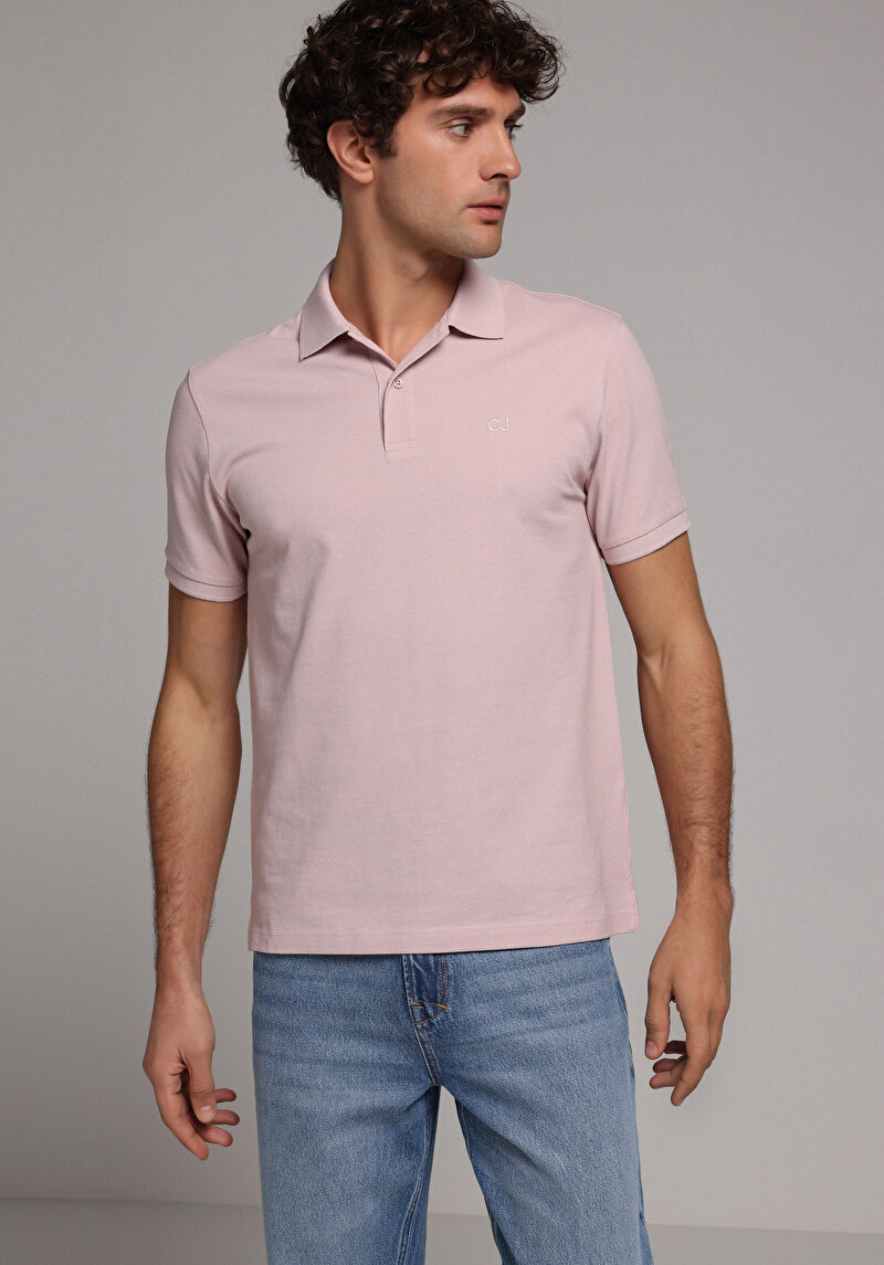 Regular Fit Polo Yaka Düz Erkek Pembe Kısa Kol Tişört