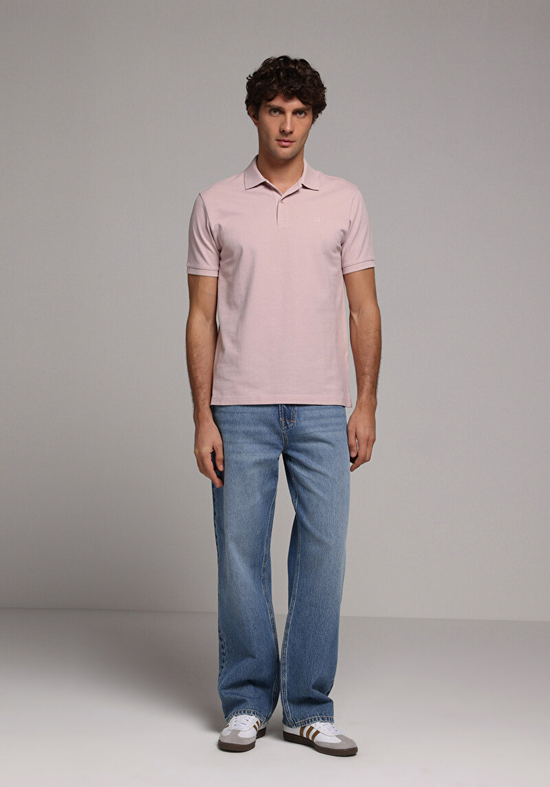 Regular Fit Polo Yaka Düz Erkek Pembe Kısa Kol Tişört