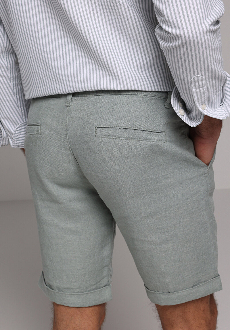 Regular Fit Orta Bel Keten Düz Erkek Yeşil Şort