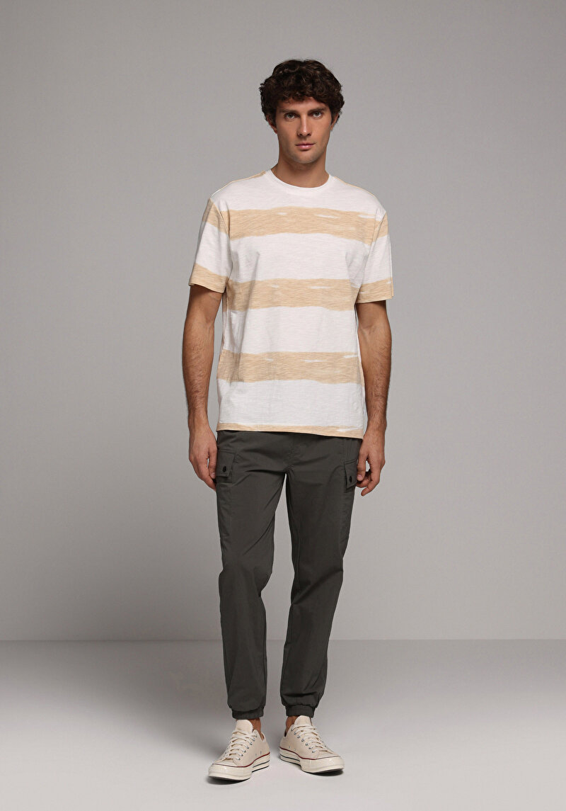 Comfort Fit Yuvarlak Yaka Çizgili Erkek Bej Kısa Kol Tişört