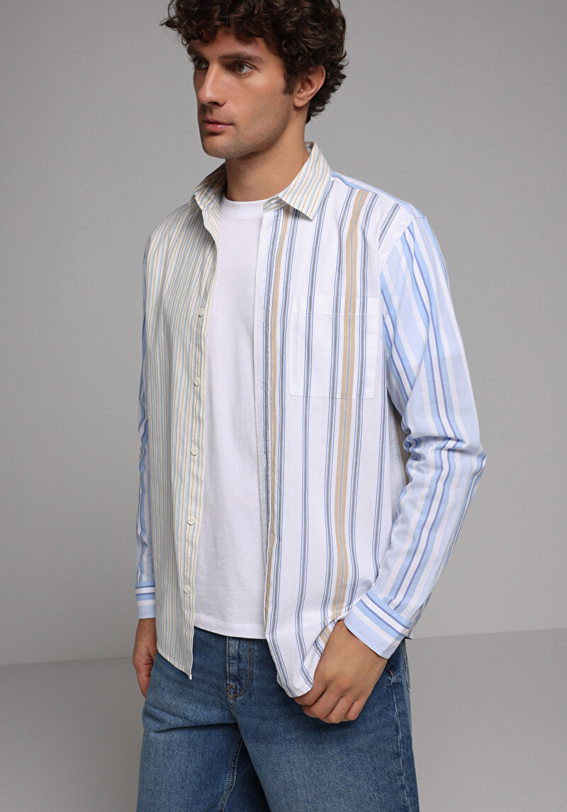 Relaxed Fit Shirt Neck Çizgili Erkek Çok Renkli Uzun Kol Gömlek