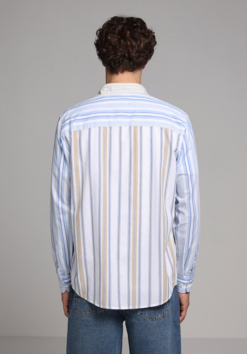 Relaxed Fit Shirt Neck Çizgili Erkek Çok Renkli Uzun Kol Gömlek