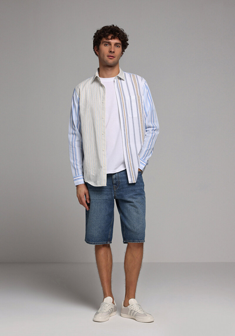 Relaxed Fit Shirt Neck Çizgili Erkek Çok Renkli Uzun Kol Gömlek