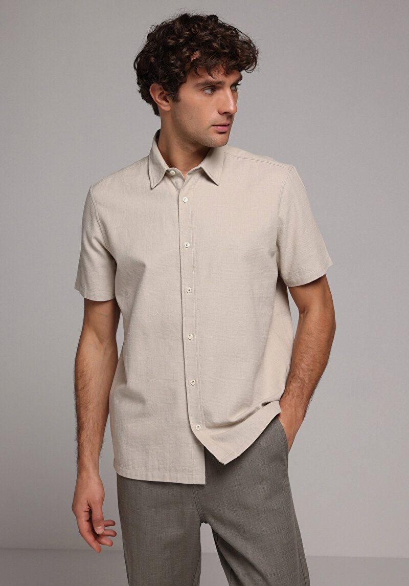 Regular Fit Shirt Neck Düz Erkek Bej Kısa Kol Gömlek