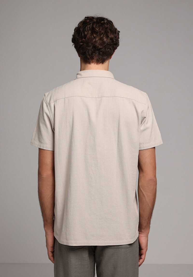 Regular Fit Shirt Neck Düz Erkek Bej Kısa Kol Gömlek