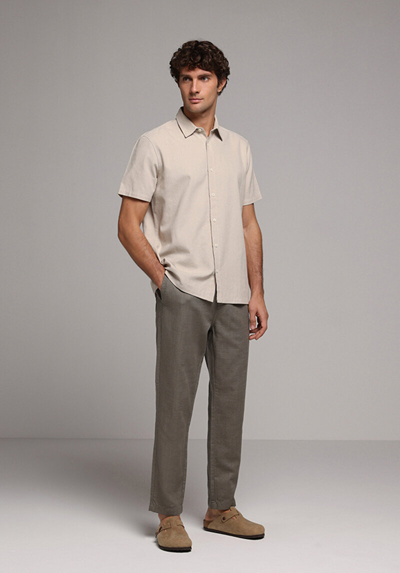 Regular Fit Shirt Neck Düz Erkek Bej Kısa Kol Gömlek