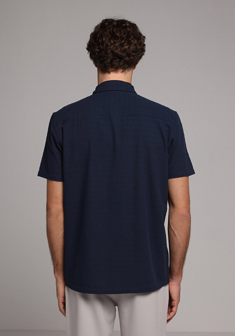 Regular Fit Shirt Neck Düz Erkek Lacivert Kısa Kol Gömlek