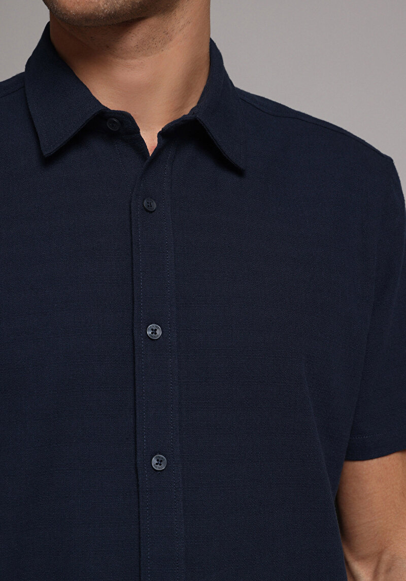 Regular Fit Shirt Neck Düz Erkek Lacivert Kısa Kol Gömlek