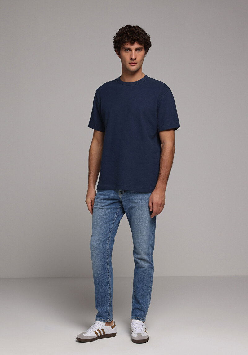 Comfort Fit Yuvarlak Yaka Düz Erkek Lacivert Kısa Kol Tişört