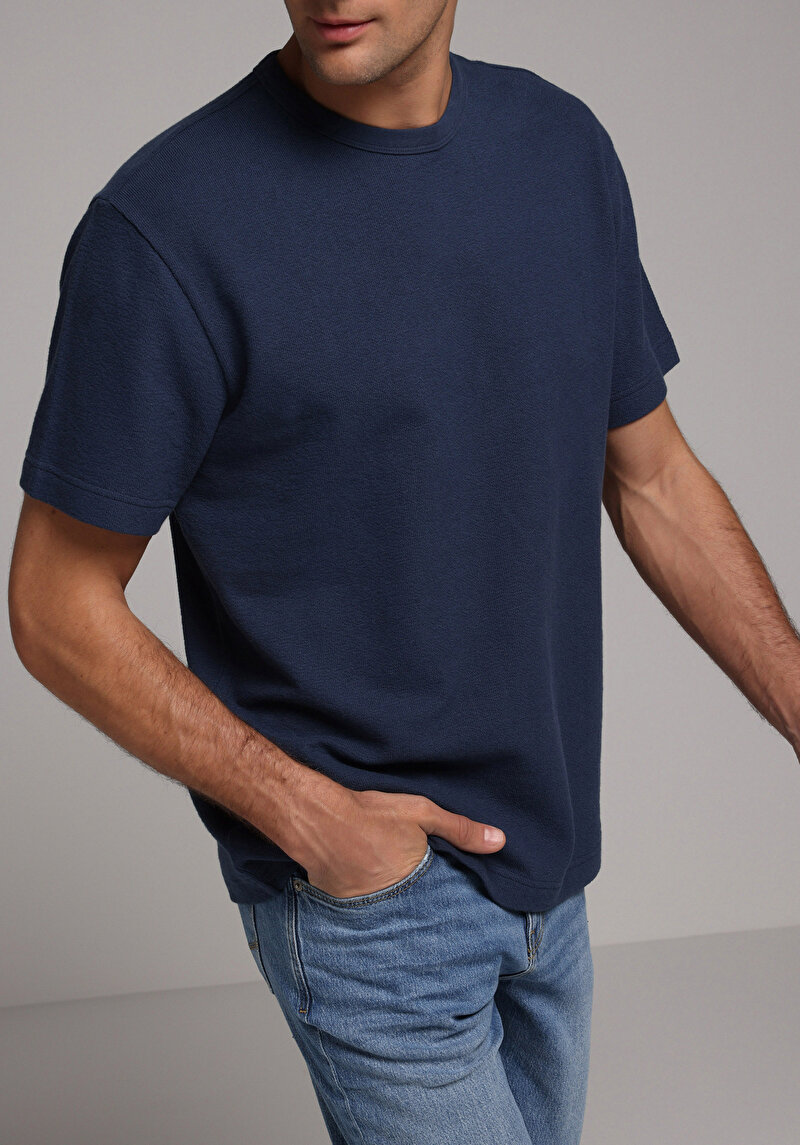 Comfort Fit Yuvarlak Yaka Düz Erkek Lacivert Kısa Kol Tişört