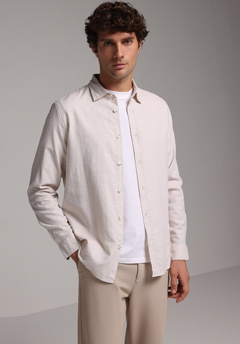 Regular Fit Shirt Neck Düz Erkek Ekru Uzun Kol Gömlek
