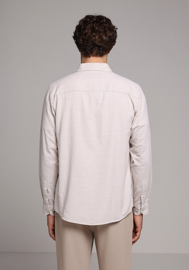 Regular Fit Shirt Neck Düz Erkek Ekru Uzun Kol Gömlek