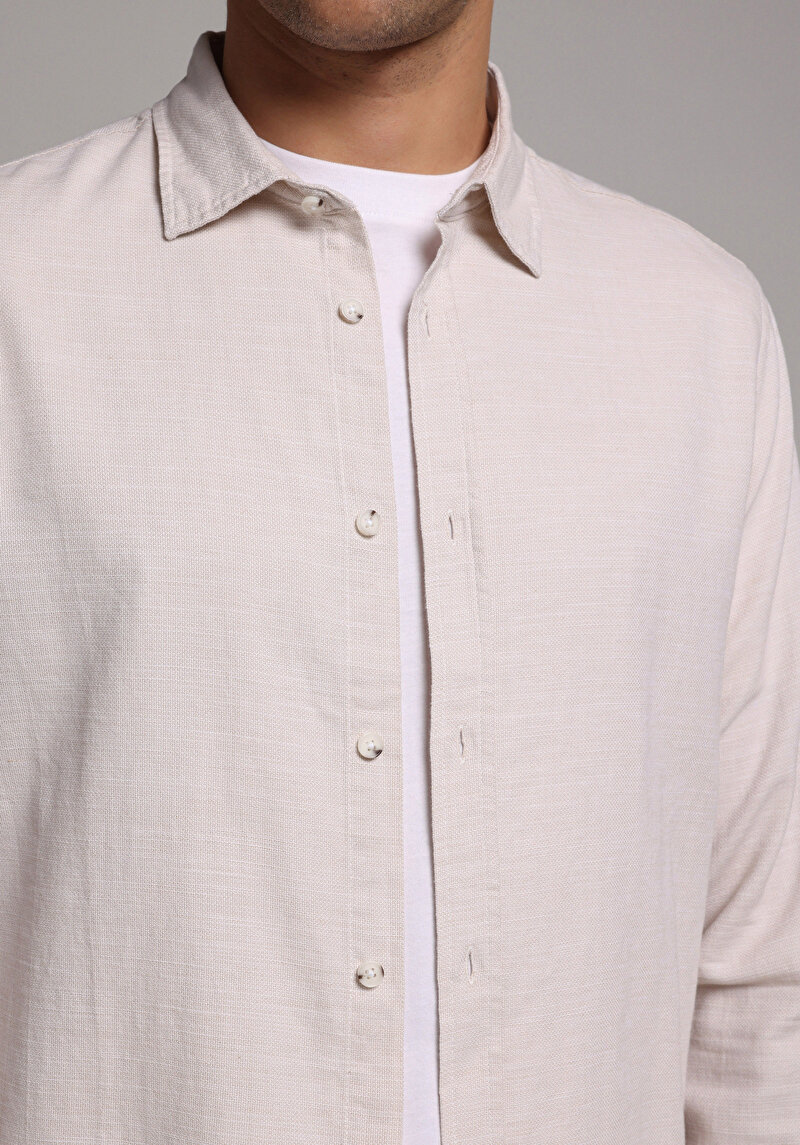 Regular Fit Shirt Neck Düz Erkek Ekru Uzun Kol Gömlek