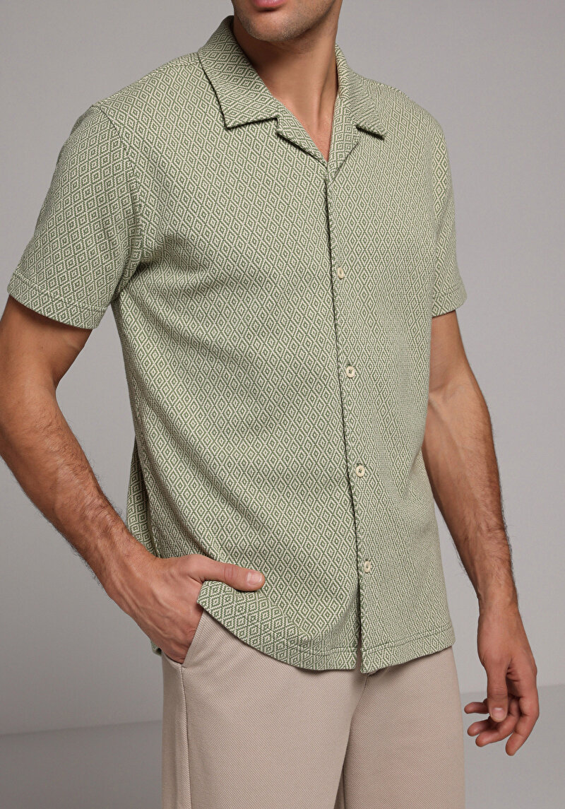 Regular Fit Shirt Neck Jakarlı Erkek Yeşil Kısa Kol Tişört