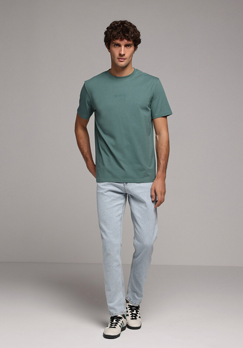 Regular Fit Yuvarlak Yaka Düz Erkek Yeşil Kısa Kol Tişört