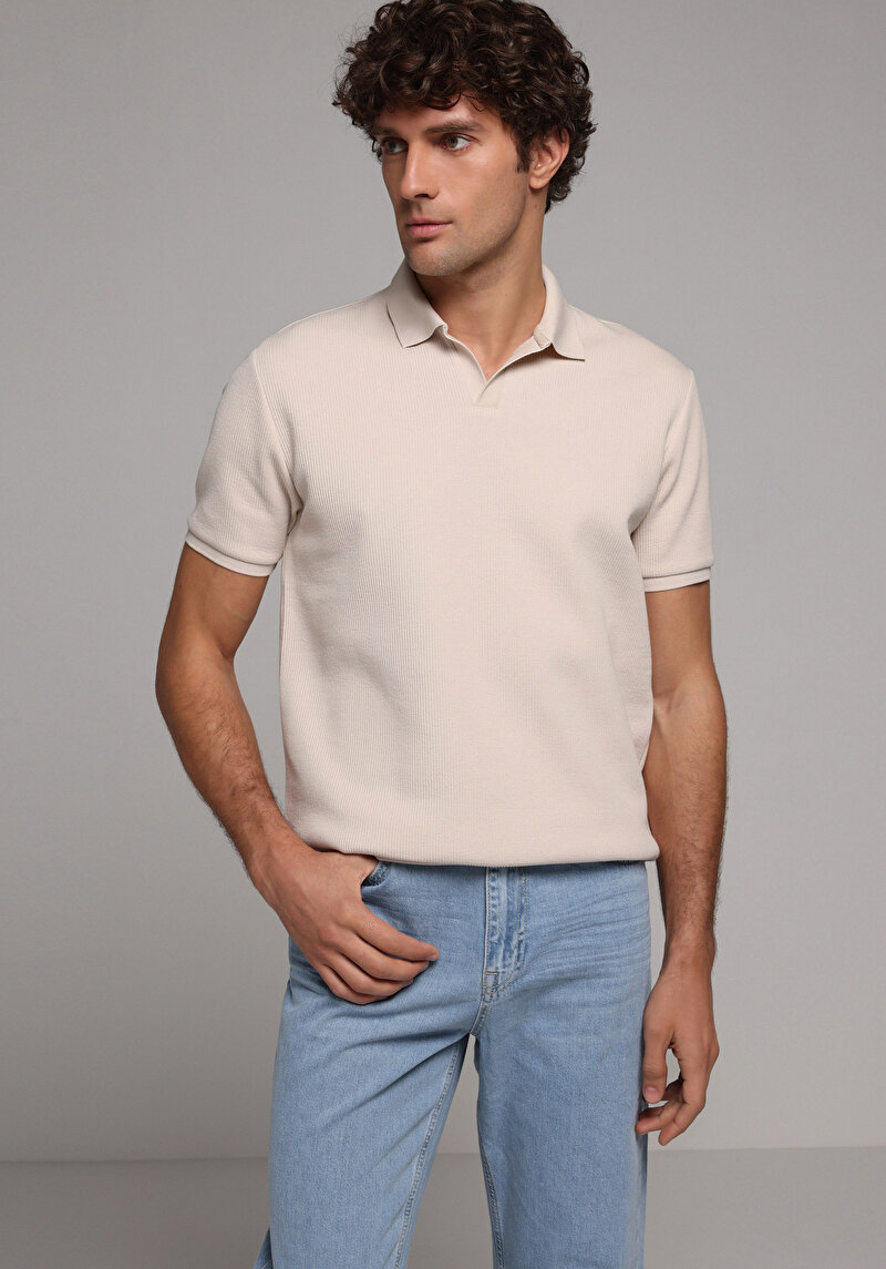 Regular Fit Polo Yaka Düz Erkek Bej Kısa Kol Tişört