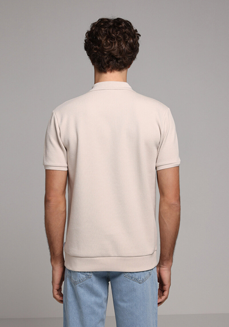 Regular Fit Polo Yaka Düz Erkek Bej Kısa Kol Tişört