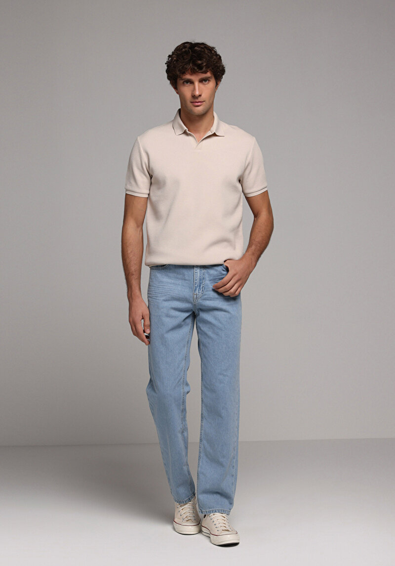 Regular Fit Polo Yaka Düz Erkek Bej Kısa Kol Tişört