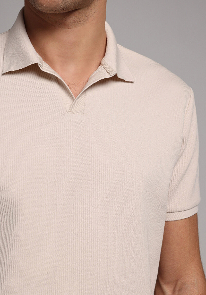 Regular Fit Polo Yaka Düz Erkek Bej Kısa Kol Tişört