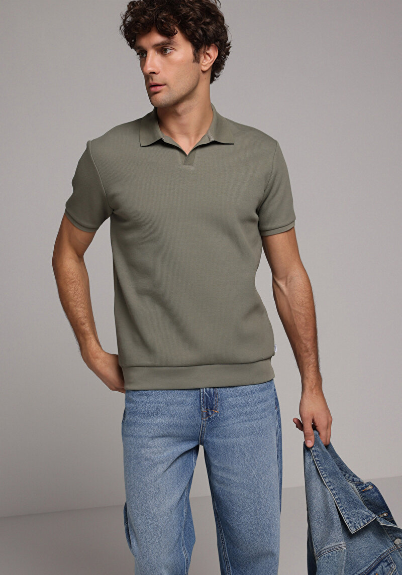 Regular Fit Polo Yaka Düz Erkek Yeşil Kısa Kol Tişört