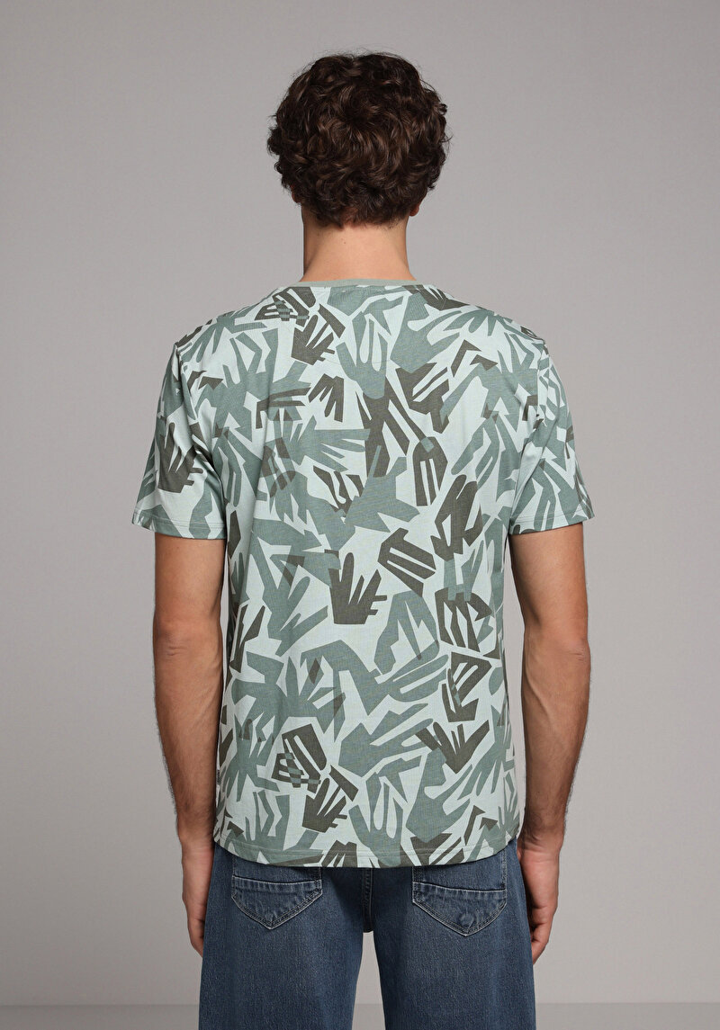 Regular Fit Yuvarlak Yaka Baskılı Erkek Yeşil Kısa Kol Tişört