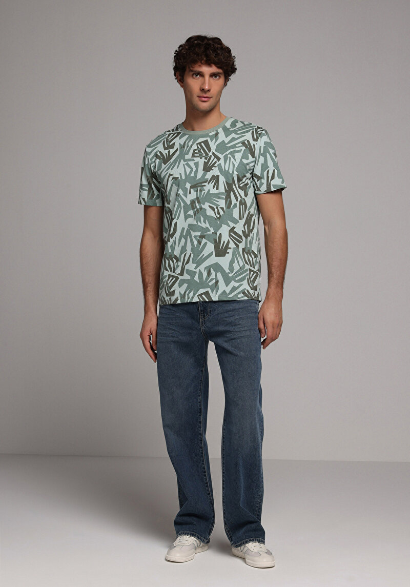 Regular Fit Yuvarlak Yaka Baskılı Erkek Yeşil Kısa Kol Tişört