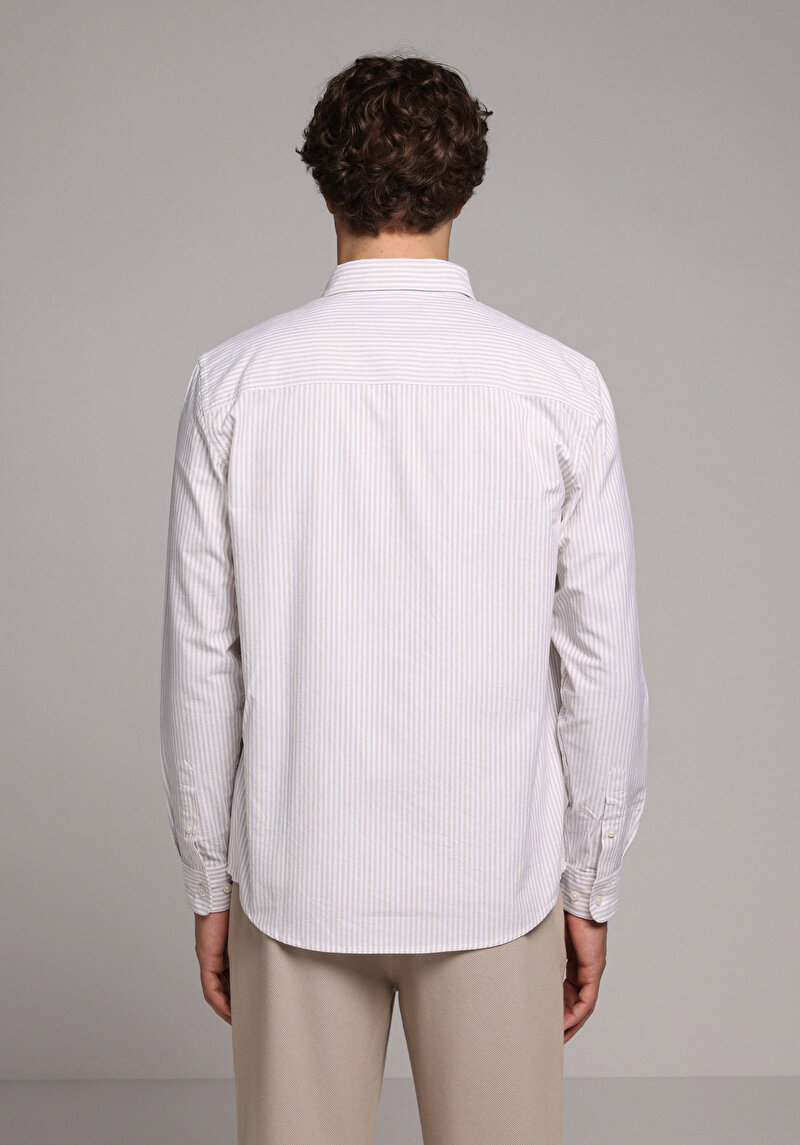 Regular Fit Shirt Neck Çizgili Erkek Bej Uzun Kol Gömlek