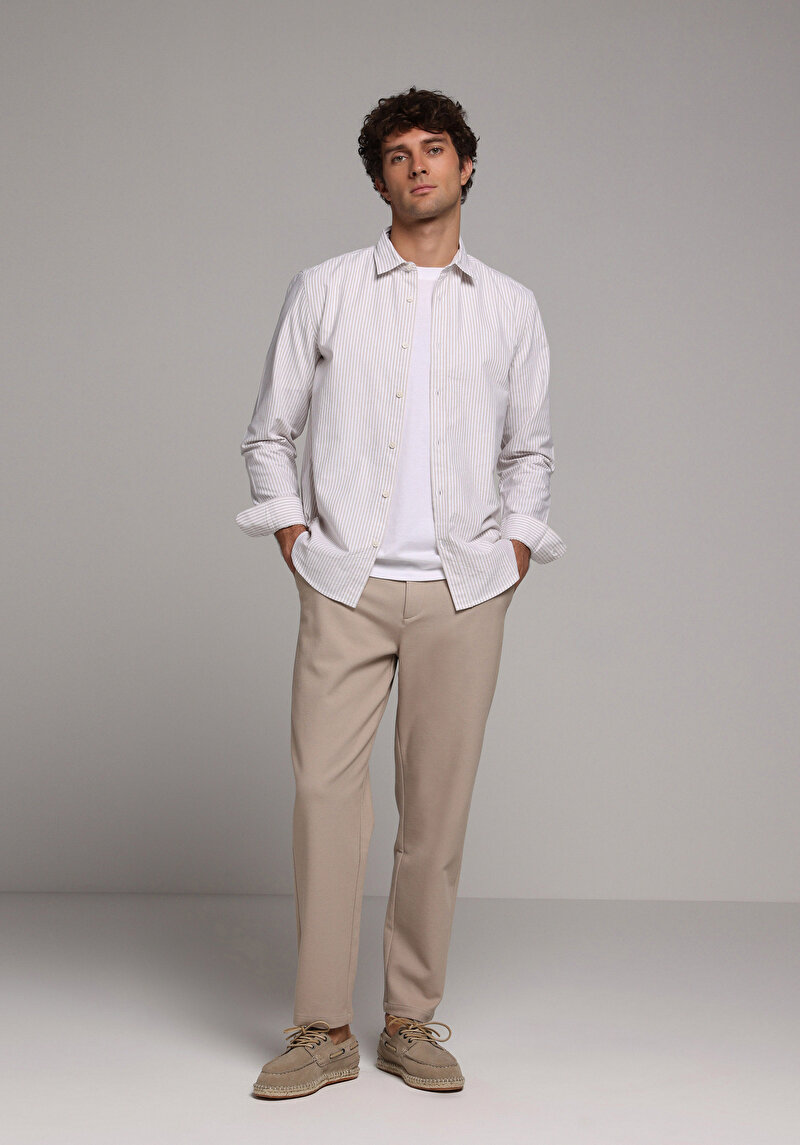 Regular Fit Shirt Neck Çizgili Erkek Bej Uzun Kol Gömlek