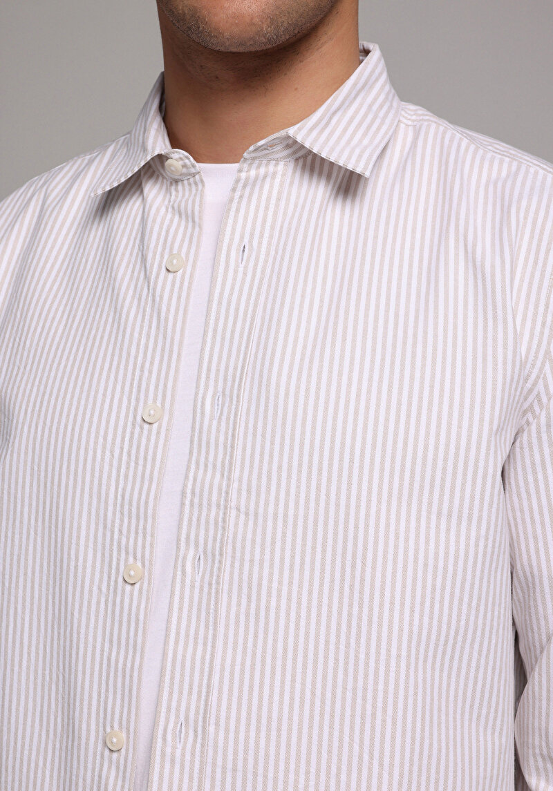 Regular Fit Shirt Neck Çizgili Erkek Bej Uzun Kol Gömlek