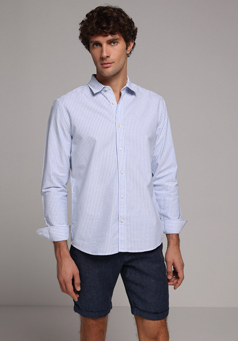Regular Fit Shirt Neck Çizgili Erkek Mavi Uzun Kol Gömlek