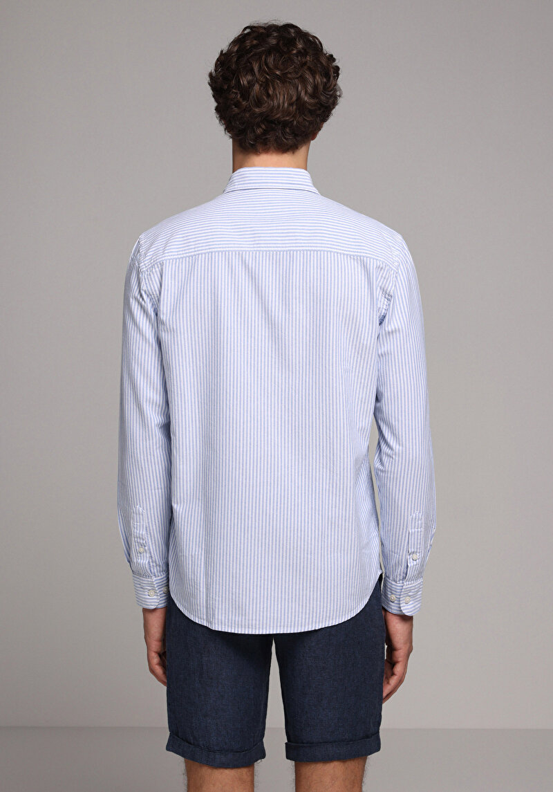 Regular Fit Shirt Neck Çizgili Erkek Mavi Uzun Kol Gömlek