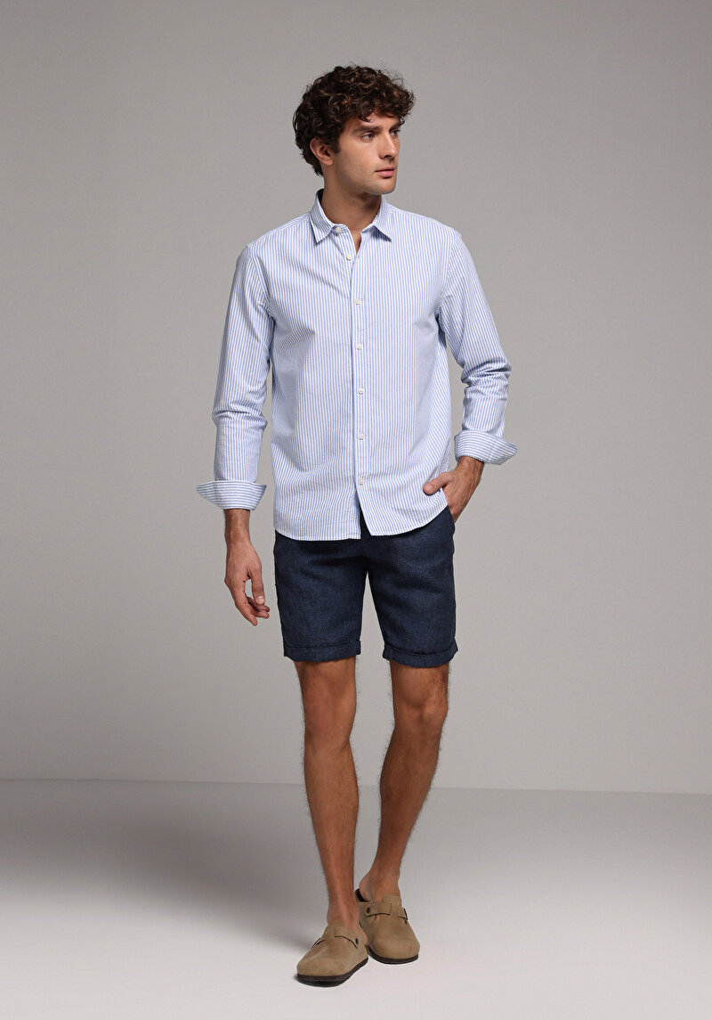 Regular Fit Shirt Neck Çizgili Erkek Mavi Uzun Kol Gömlek