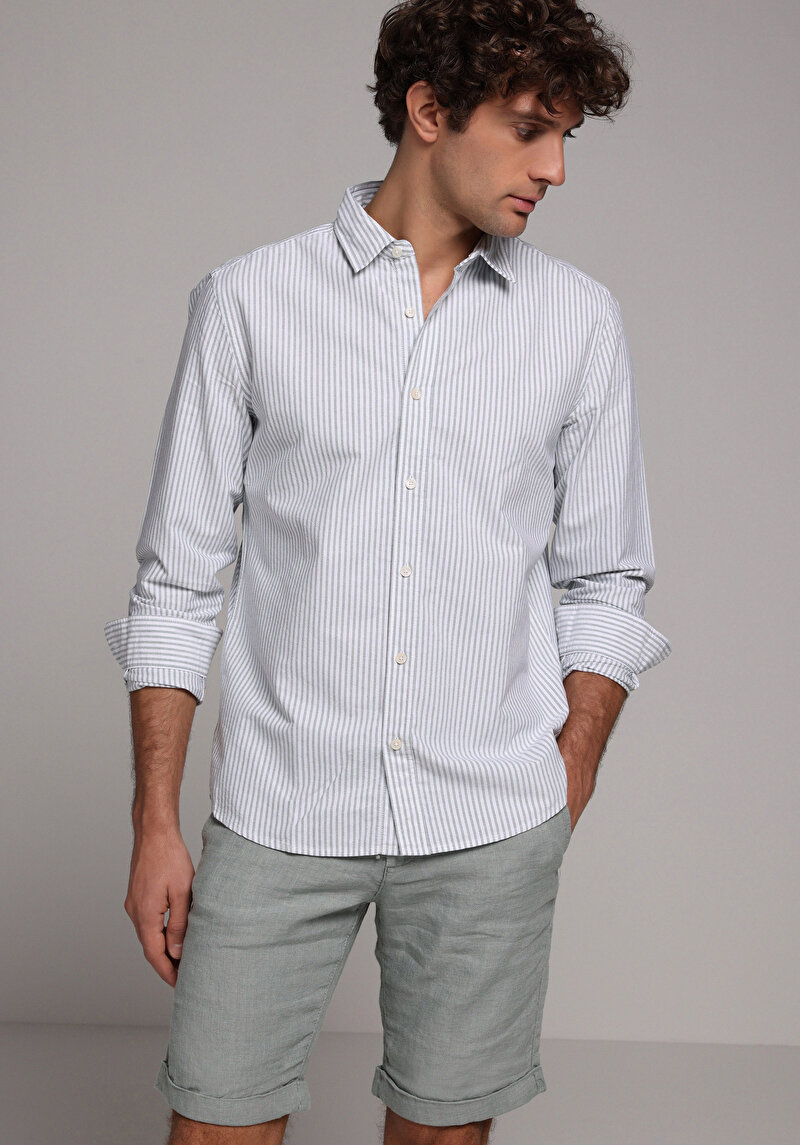 Regular Fit Shirt Neck Çizgili Erkek Turkuaz Uzun Kol Gömlek