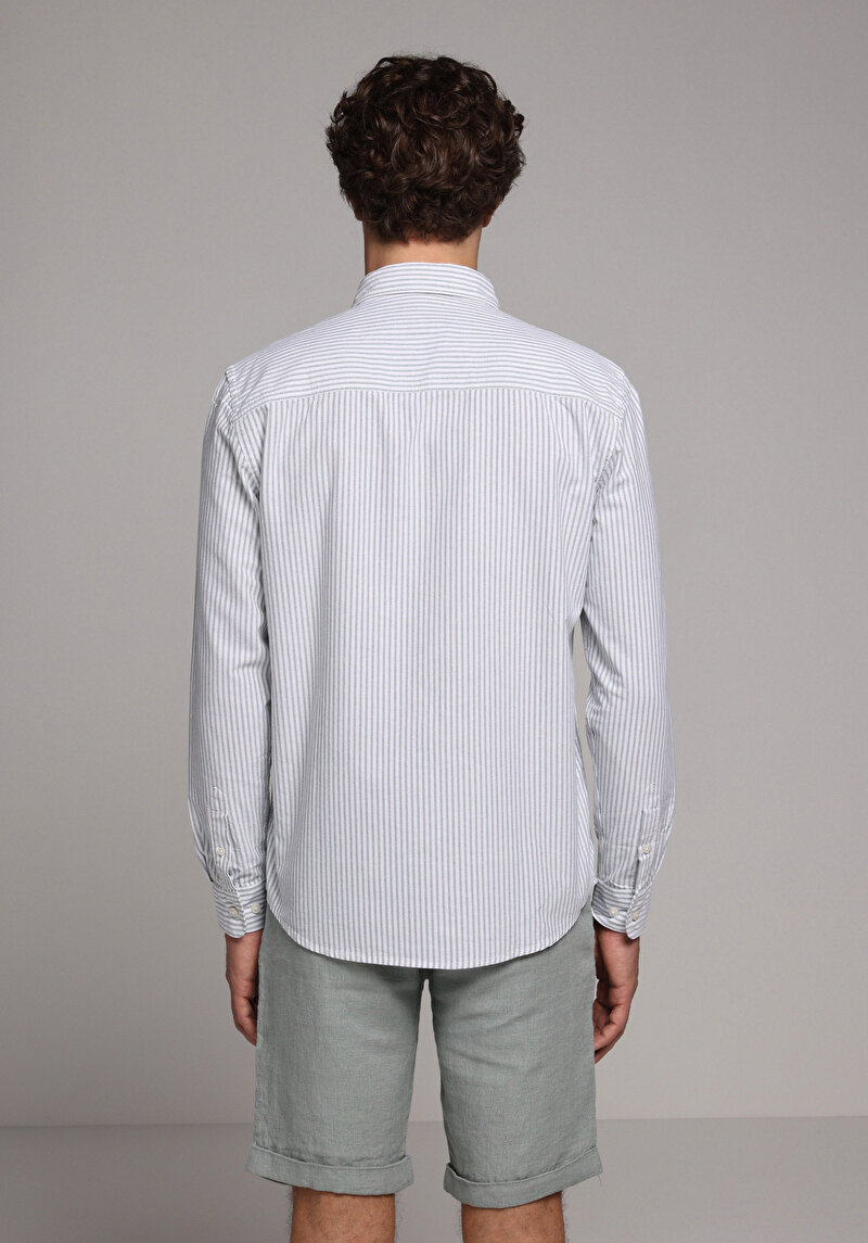 Regular Fit Shirt Neck Çizgili Erkek Turkuaz Uzun Kol Gömlek