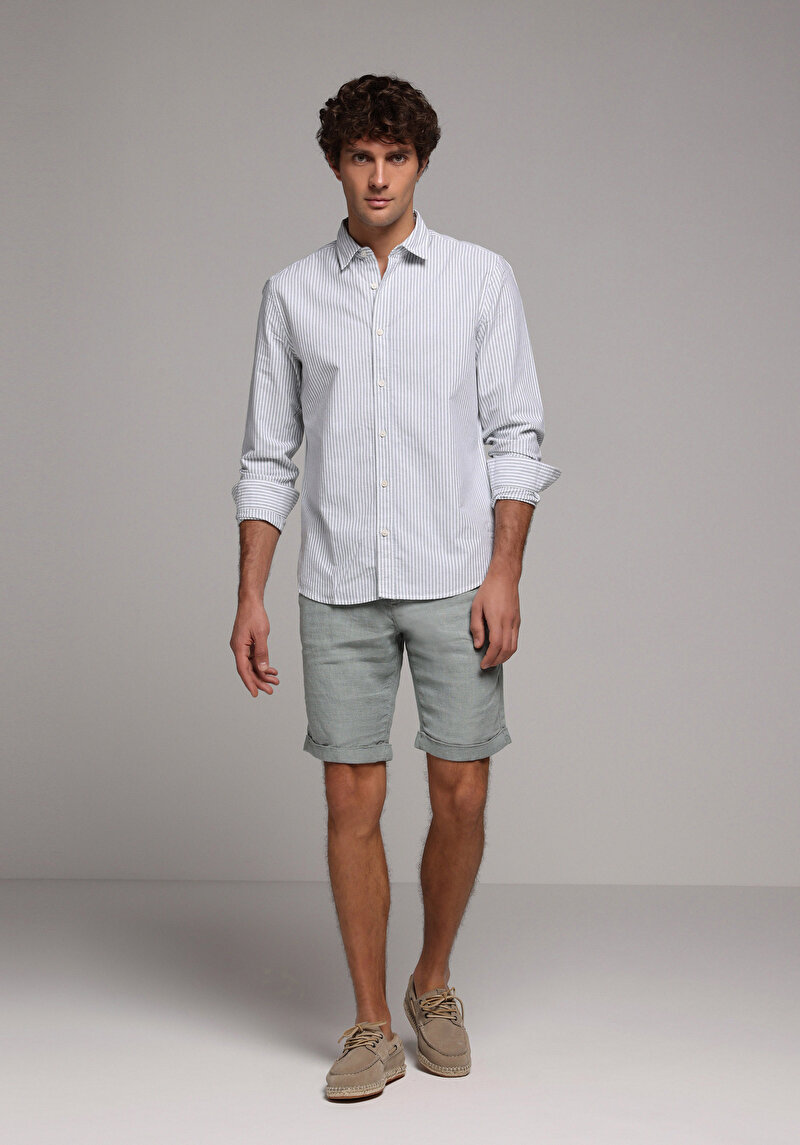 Regular Fit Shirt Neck Çizgili Erkek Turkuaz Uzun Kol Gömlek