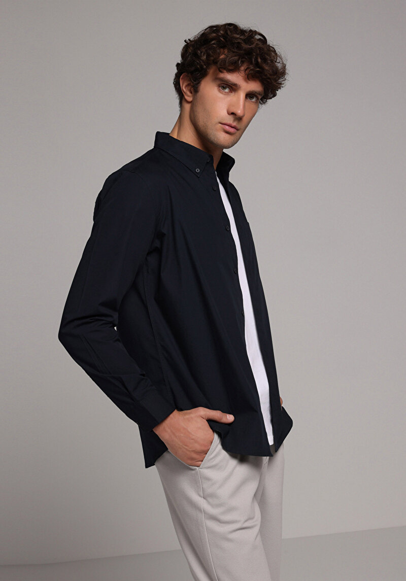 Regular Fit Shirt Neck Düz Erkek Lacivert Uzun Kol Gömlek