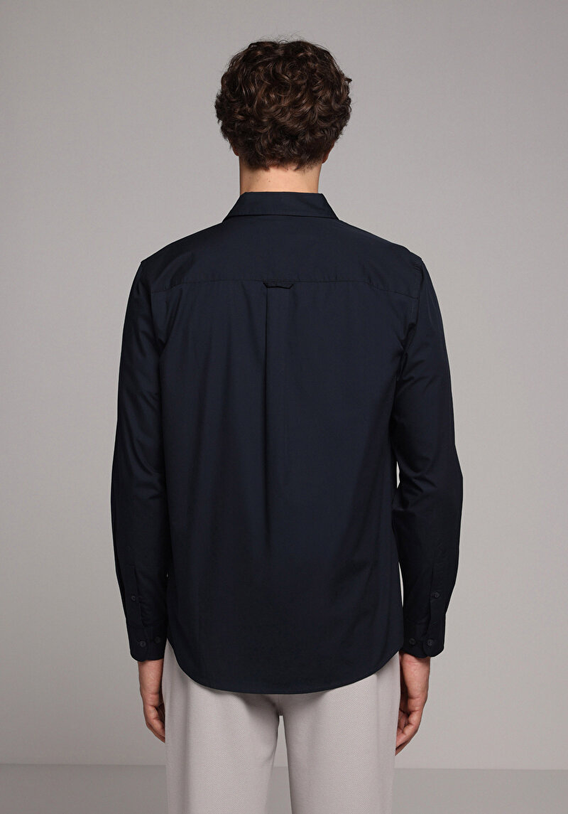 Regular Fit Shirt Neck Düz Erkek Lacivert Uzun Kol Gömlek