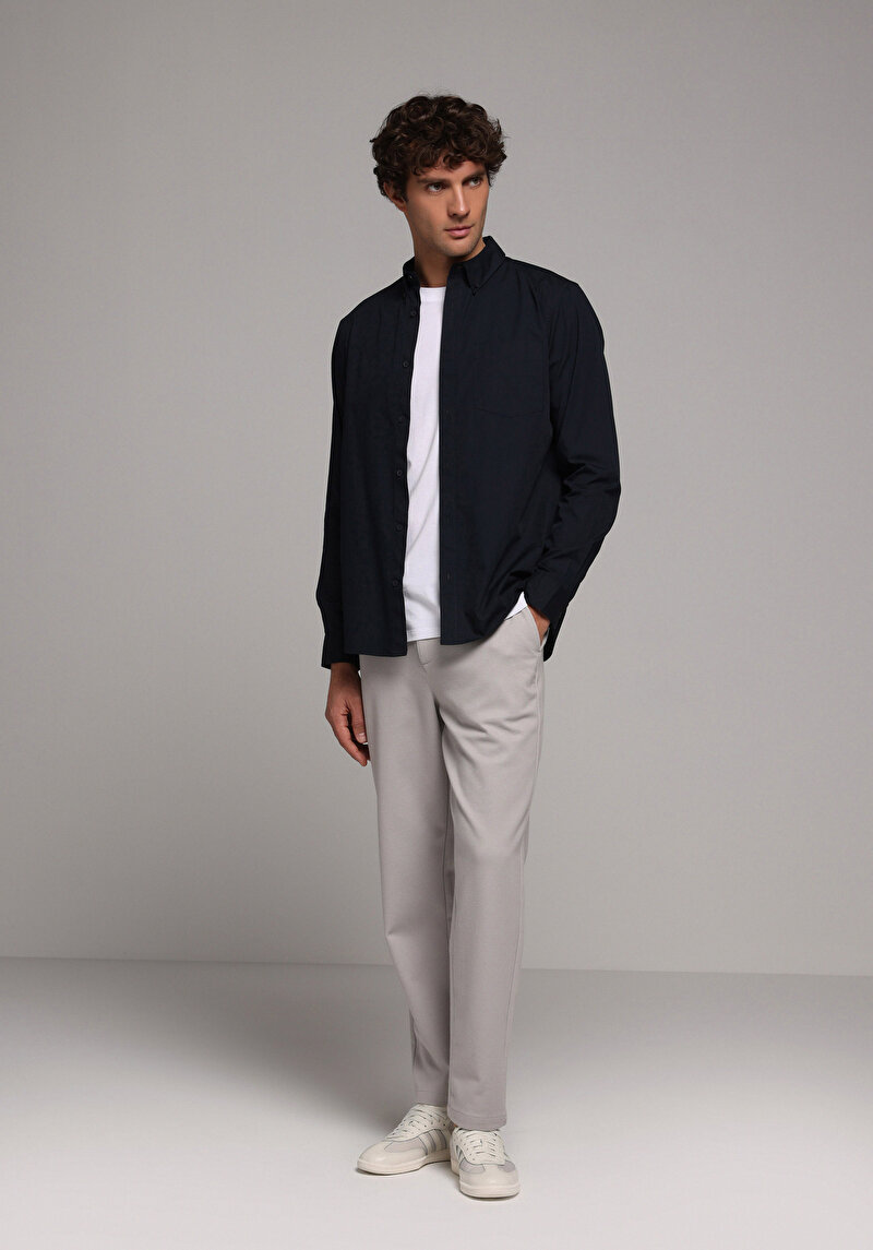 Regular Fit Shirt Neck Düz Erkek Lacivert Uzun Kol Gömlek