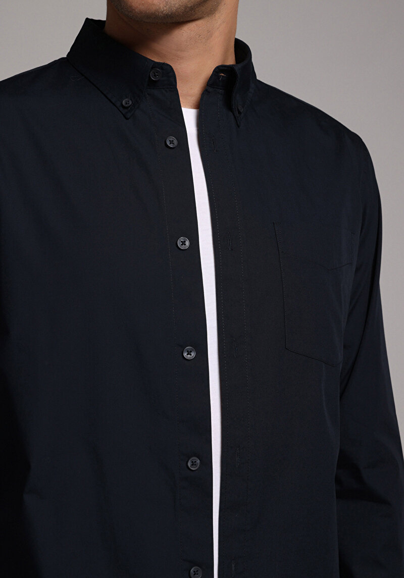 Regular Fit Shirt Neck Düz Erkek Lacivert Uzun Kol Gömlek