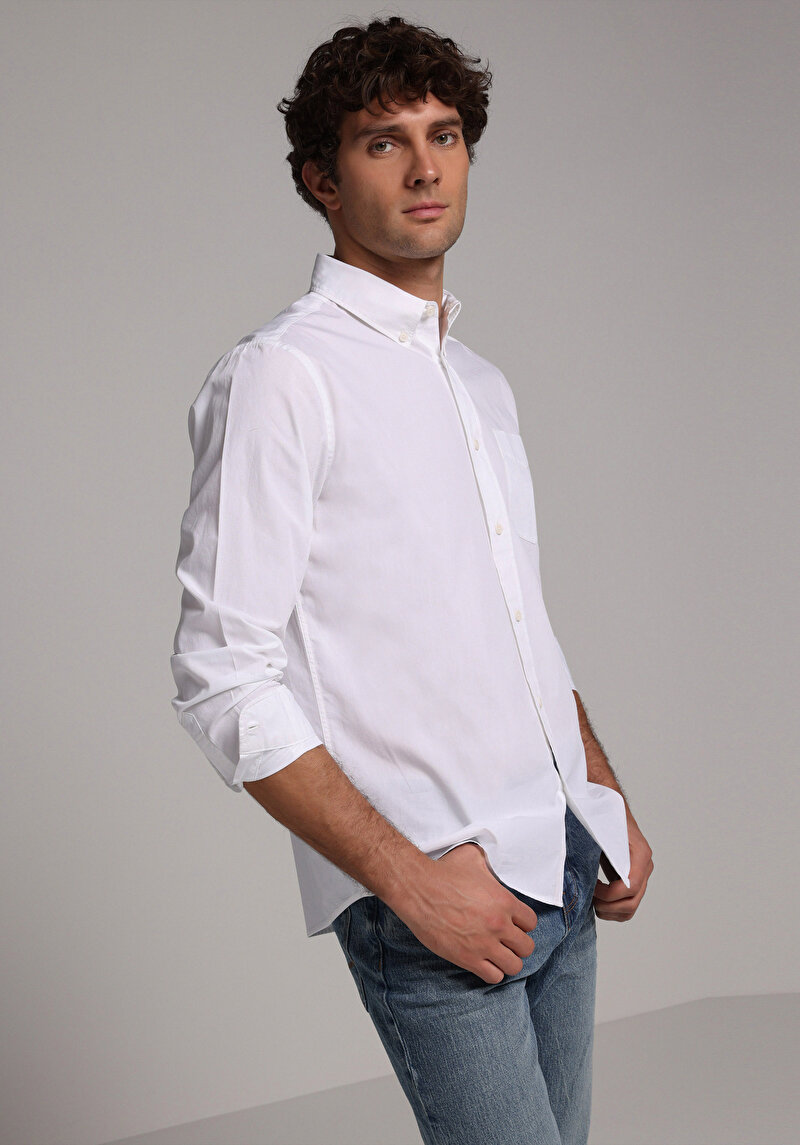 Regular Fit Shirt Neck Düz Erkek Beyaz Uzun Kol Gömlek