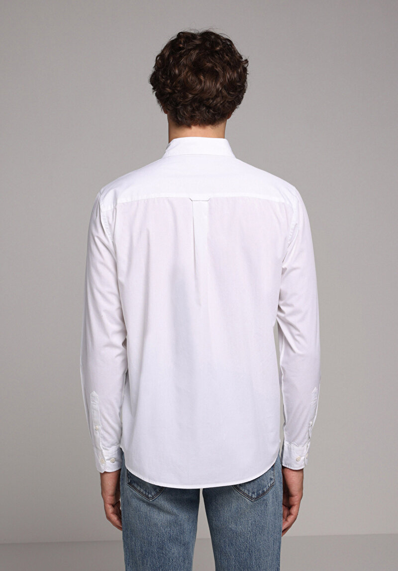 Regular Fit Shirt Neck Düz Erkek Beyaz Uzun Kol Gömlek