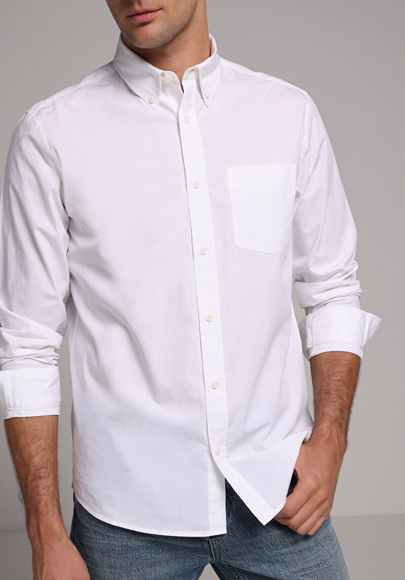 Regular Fit Shirt Neck Düz Erkek Beyaz Uzun Kol Gömlek