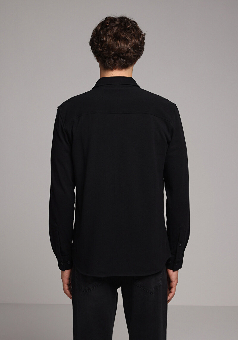 Regular Fit Shirt Neck Düz Erkek Siyah Uzun Kol Gömlek