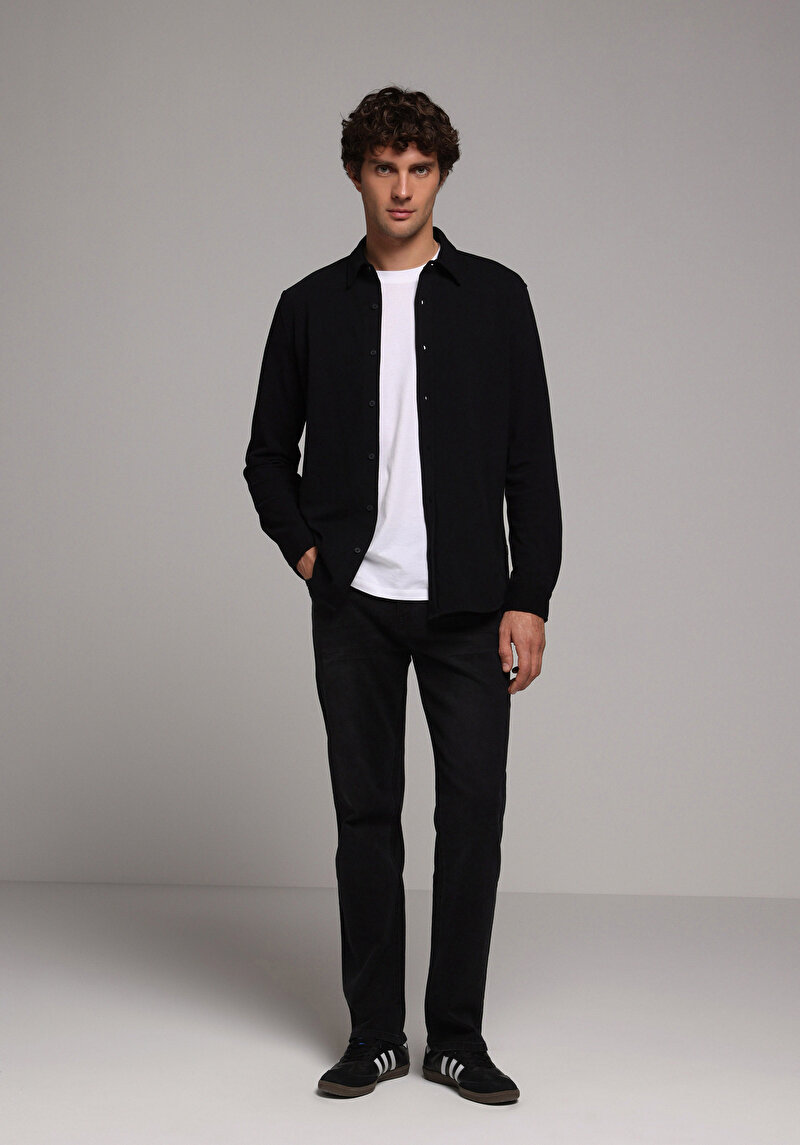 Regular Fit Shirt Neck Düz Erkek Siyah Uzun Kol Gömlek