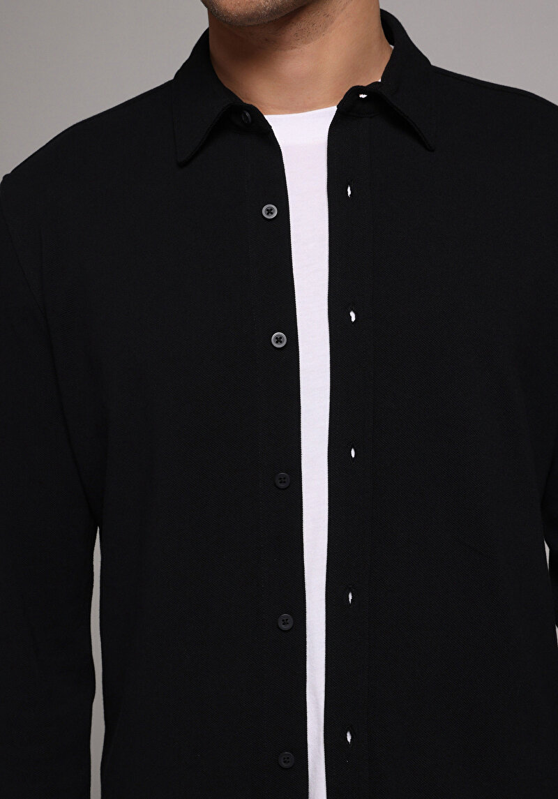 Regular Fit Shirt Neck Düz Erkek Siyah Uzun Kol Gömlek