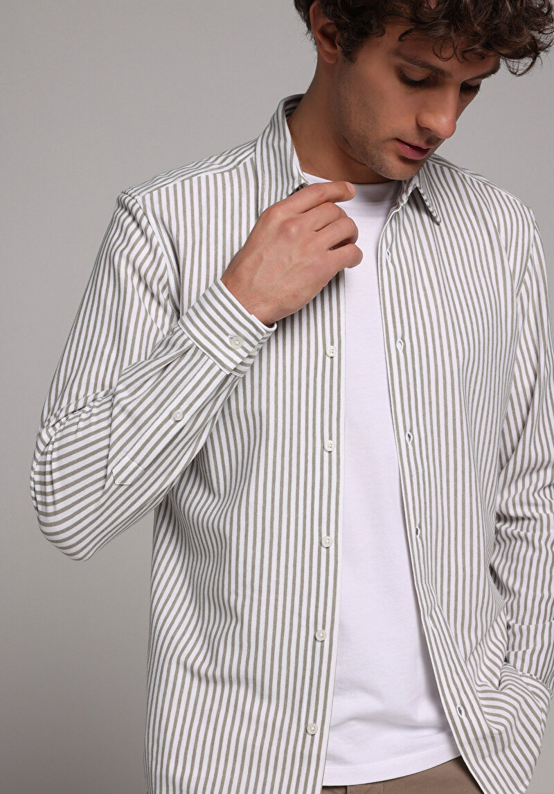 Regular Fit Shirt Neck Çizgili Erkek Yeşil Uzun Kol Gömlek