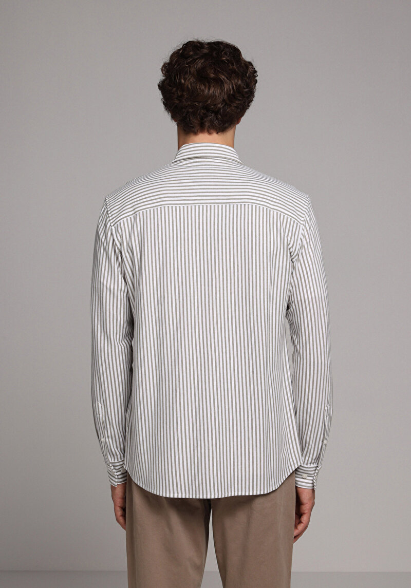 Regular Fit Shirt Neck Çizgili Erkek Yeşil Uzun Kol Gömlek