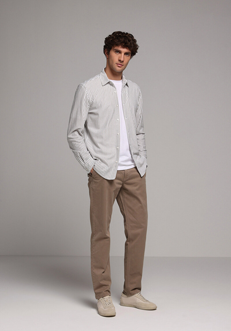 Regular Fit Shirt Neck Çizgili Erkek Yeşil Uzun Kol Gömlek